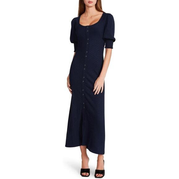 BETSEY JOHNSON Puff Sleeve Snap Front Column Dress Heavy Ribbed Jersey Y2K Sz S - Picture 1 of 10